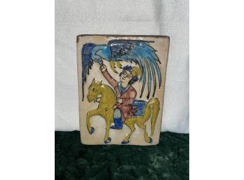 Antique Persian Painted Tile Plaque Sculpture - Man On Horse Feeding Bird