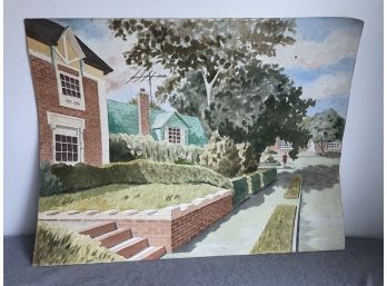 'Suburban Brick House' Watercolor Painting
