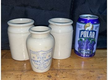3 Vintage Small Cream, Cheese Stoneware Jars