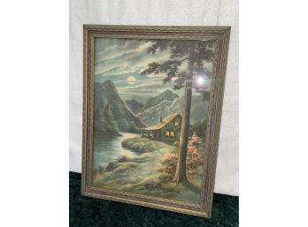 Vintage Cottage On Mountain River Framed Print