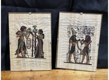 (2) Vintage Egypt Papyrus Painted Framed Images - Hieroglyphics