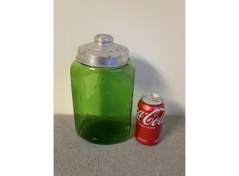 Very Unique Antique Green Blown Glass Canister With Lid - Bubble, Wavy Glass