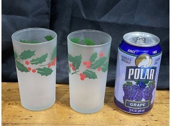 Pair Of Vintage Frosted Holly Glasses - Christmas