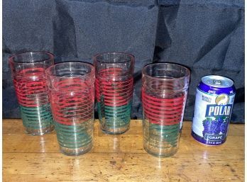 Set Of 4 Red & Green Striped Glasses - Mid Century Christmas