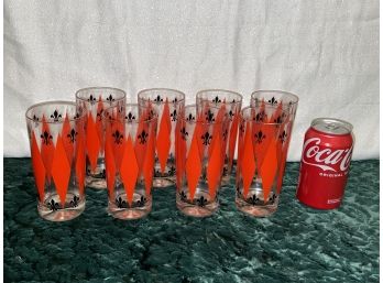 Set Of 8 Red & Black Fleur De Lis Glasses - Vintage Barware