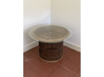 Round Woven Rattan Coffee Table With Glass Top - Mid Century - Peacock Chair Style