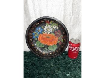 Vintage Floral Painted Carved Wood Bowl