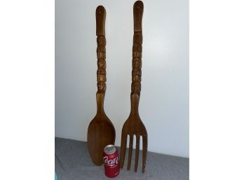 Vintage GIANT Wood Fork & Spoon Wall Hangers - Great For Restaurant