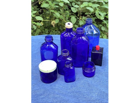Lot Of 9 Vintage Cobalt Blue Glass Bottles And Jars