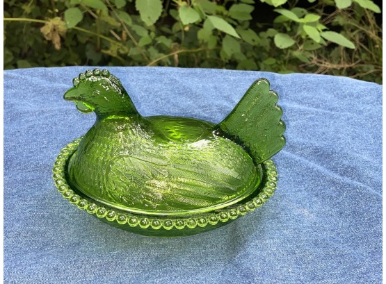 Green Glass Hen, Chicken On Basket Covered Dish