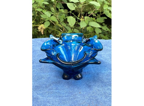 Vintage Blue Glass Abstract Bowl (Small Chip)