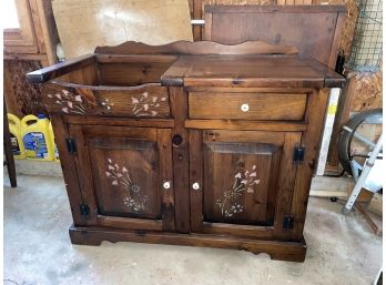 Vintage Colonial Reproduction Dry Sink Cabinet Table With Unique Storage