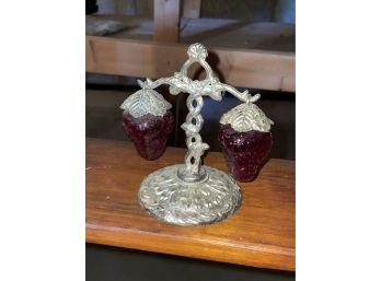 Vintage Glass Grape Salt & Pepper Shaker Set On Metal Stand