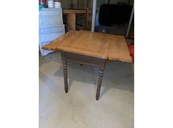 Vintage Wood Grain Enamel Kitchen Table With Slide Out Leaves And Drawer - Country Kitchen