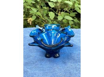 Vintage Blue Glass Abstract Bowl (Small Chip)