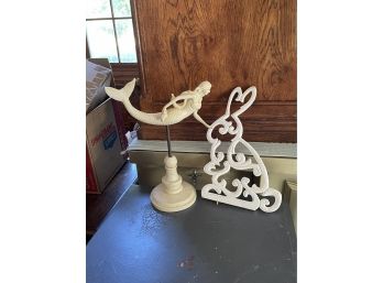 Mermaid On Pedestal And Wood Bunny Silhouette Home Decor