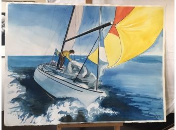 'Blue Sailboat With Orange & Yellow Sails' Watercolor Painting By Rosemary Connor #57