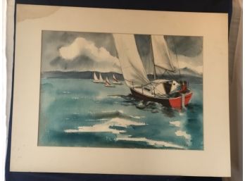 'Red Sailboat With Four In The Distance' Watercolor Painting By Rosemary Connor #39