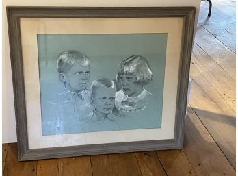 Edd Ashe (1908-1986 New Milford, CT Artist) Framed Charcoal Portrait Of 3 Children