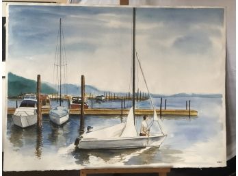 'White Sailboat Leaving Dock' Watercolor Painting By Rosemary Connor #54