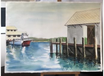 'Two Boats At Dock With Shack' Watercolor Painting By Rosemary Connor #59