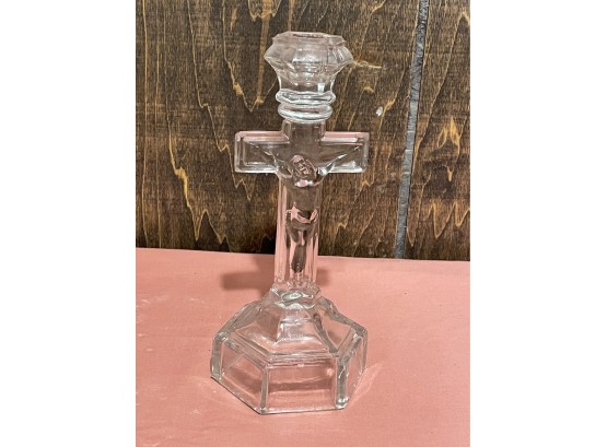 9' Heavy Glass Crucifix Candlestick Candle Holder - Vintage