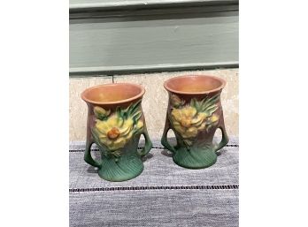 Pair Of Roseville 4' Vintage Vases - Peony 2 Handle Mini Urns