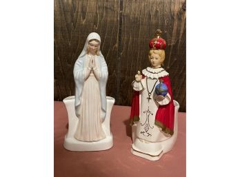 2 Vintage Catholic Religious Planters - Virgin Mary & Infant Jesus Of Prague