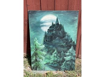 Vintage 'Moon Castle' Painting By Karen Spradling - Spooky Halloween Decor