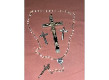 Collection Of Crucifix Pendants & Rosary Beads - Pectoral Cross, Skull & Crossbones - Vintage