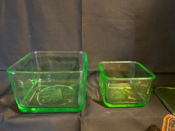 Vintage Green Depression Refrigerator Glass Covered Dishes  Uranium Glass