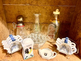 Vintage Collectible Kitchen Lot Tea Bag Holder & Carrier Nutmeg Bottle Milk Bottles Salt Shaker