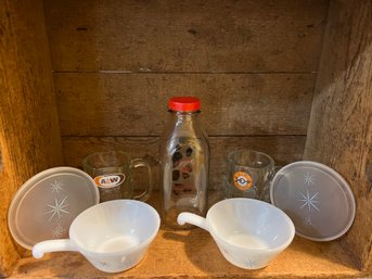 Vintage Kitchen Lot Atomic Soup Bowls A&W Root Beer Mugs Dayton Maine Milk Bottle