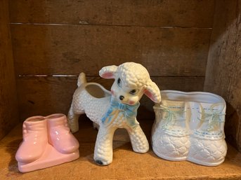3 Vintage Baby Planters Lamb Pink Baby Booties White Baby Boots