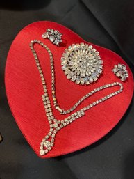 Rhinestone Necklace Earrings And Brooch