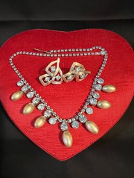 Rhinestone Pearl Drop Necklace With Rhinestone Earrings