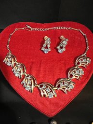 Blue Rhinestone Silvertone Necklace And Matching Screw On Earrings