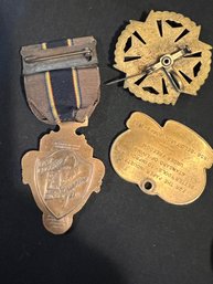 Three Medals/badges Beloit Iron Works WI American Legion Boston Free Masons Red & Black Metal