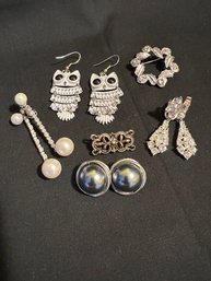 Silver Tone Jewelry Lot Rhinestones  Brooches &  Owl Earrings Pearl Earrings