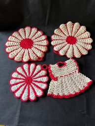 Vintage Red & White Hand Made Potholders