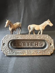 Eastlake Mailman Letter Door Slot Two Cast Metal Horses