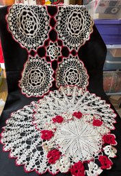 Vintage Hand Made Lot Of Red And White Doilies