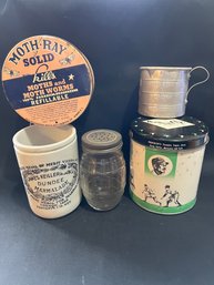 Collectible Lot, Moth Tin Dundee Jar Aluminum Tin Cup Vintage Glass Shaker Jar Baseball Tin