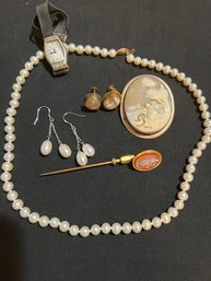 Small Jewelry Lot Pearls, Cameo, Stick Pin, Earrings & Watch