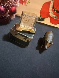 Two Piece Lot  Turler Swiss Miniature Skeleton Clock & Breakell 135 Miniature Bronze/brass Pig