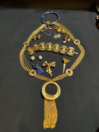 Misc Jewelry Lot Craft Bracelet  Enamel Bracelet, Bow Brooch, Trifari Earrings, Long Gold Tone Necklace