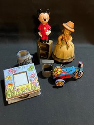 Misc Lot Of This & That Vintage Mickey Mouse Marx Tin Toy Thorens Music Figure Donut Cutter Enamel Paper Holde
