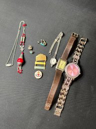 Small Misc Jewelry Lot Three Watches Two Pair Turquoise Earrings, Empoyment Brooches & Necklace