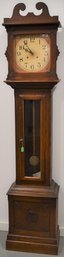 EARLY 20TH CENT OAK CASED TALL CLOCK W/ PAINTED METAL FACE