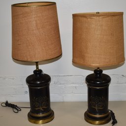 PR. BLACK TOLE DECORATED TABLE LAMPS W/ BURLAP SHADES